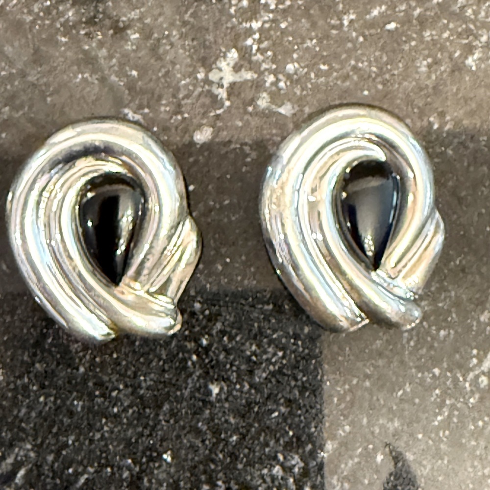 Black onyx sterling silver clip on earrings